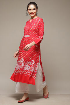 Red LIVA Straight Kurta image number 3